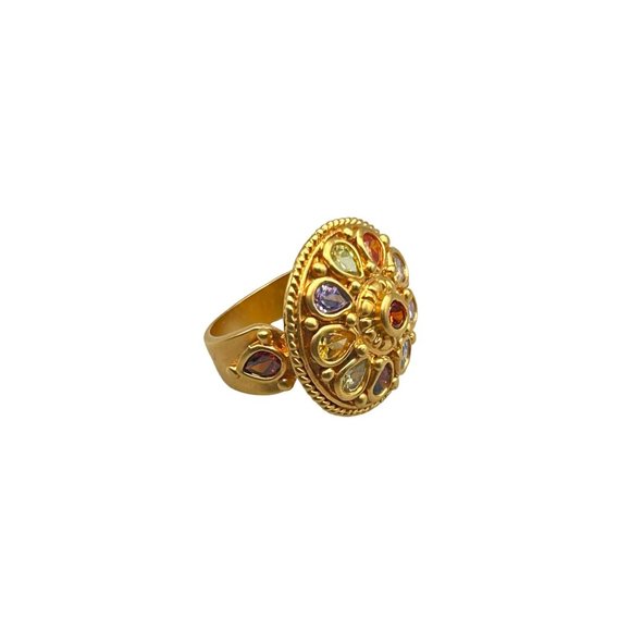Vintage Jewelry - Vintage Matte Gold Tone Ring Size 7 w Jewels Colored Stones Round Ornate Design